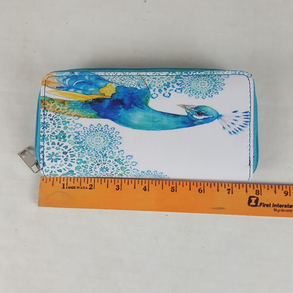 NWOT Peacock Wallet Clutch White Teal and Yellow - Picture 5 of 6
